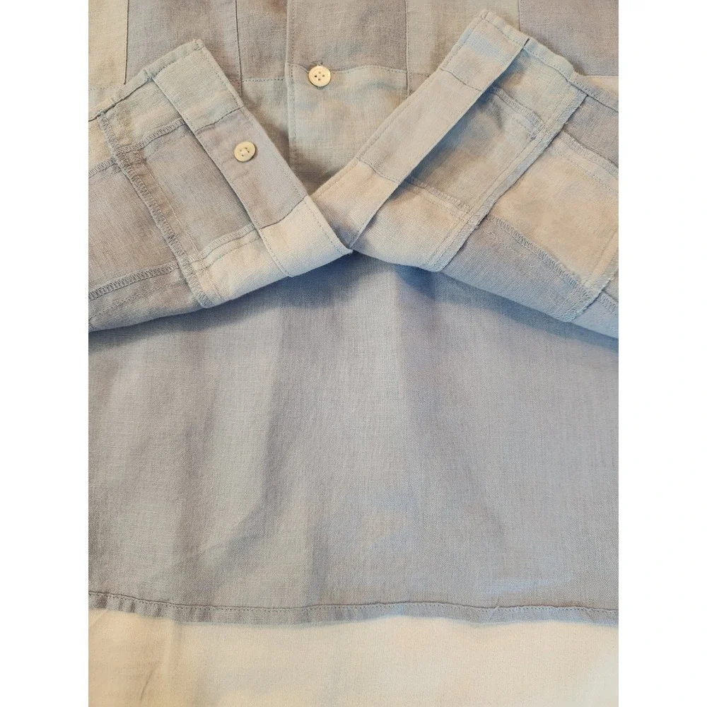 Banana Republic Men Blue Patchwork Linen Cotton Short Sleeve Button Down Shirt M